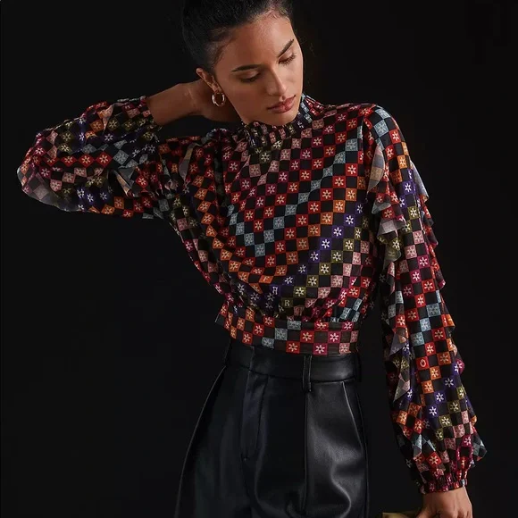 Anthropologie Farm Rio Checked High Neck Blouse - Picture 1 of 4